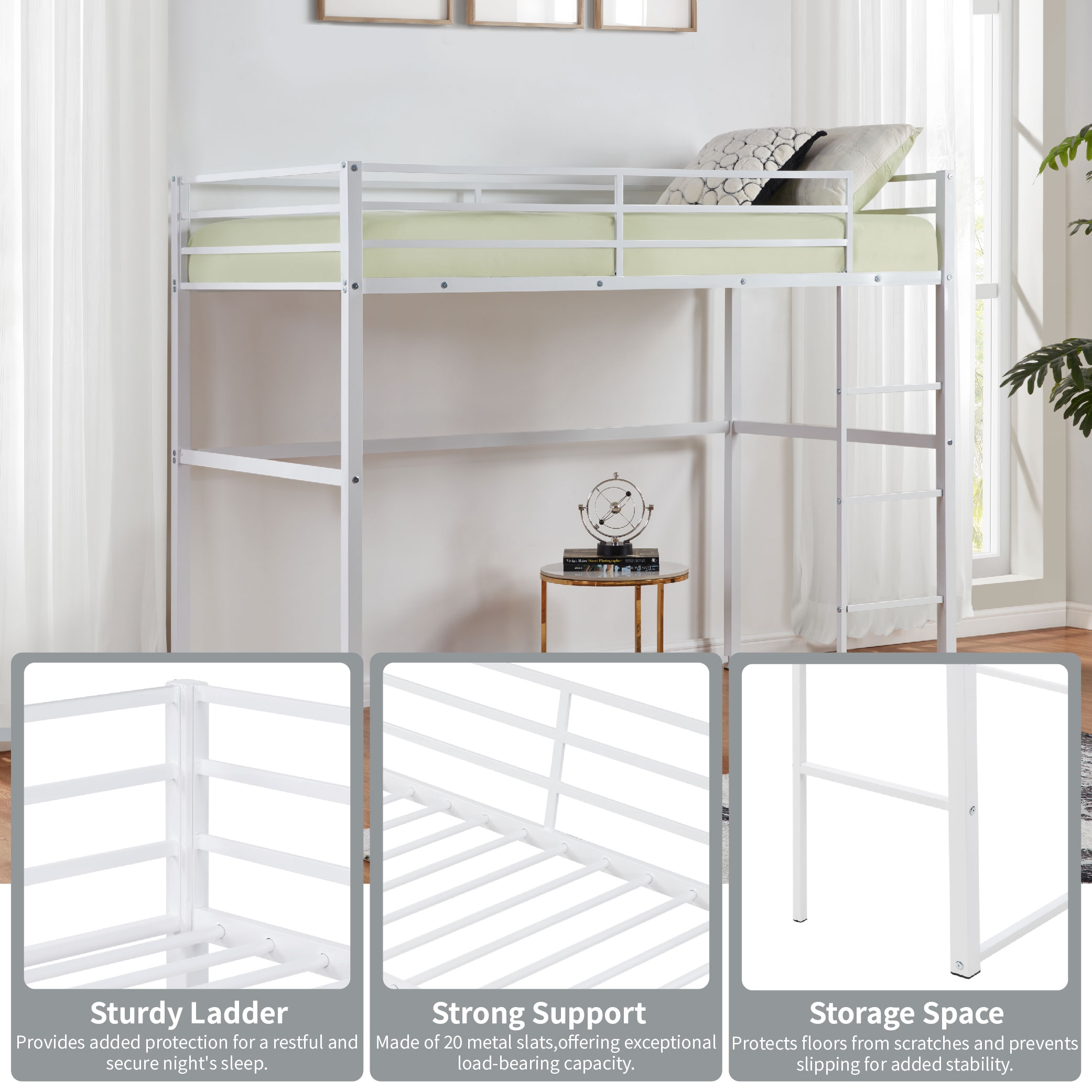 Metal Loft Bed Full Size, Loft Bed Frame with Safety Guard Rails & Flat Ladder, Twin Loft Bed for Kids Teens Adults, White Metal Loft Bed Full Size, Loft Bed Frame with Safety Guard Rails & Flat Ladder, Twin Loft Bed for Kids Teens Adults, White